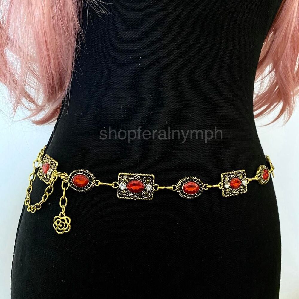 Gold Y2K Faux Ruby Red Jewel Whimsygoth Chain Belt, Fits 26-35 Inches, X7GA1390
